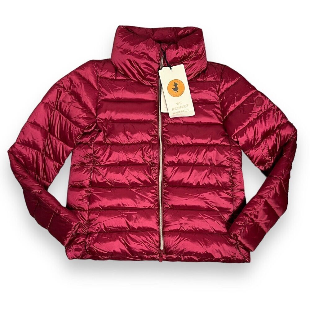 Save The Duck Coat Womens M Red Funnel Neck Packable Short Puffer‎ Ski Bright
